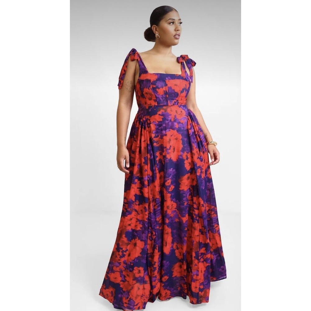 Rebdolls Adelina Floral Tie Strap Red & Purple Floral Maxi Dress Romantic Sz-2X